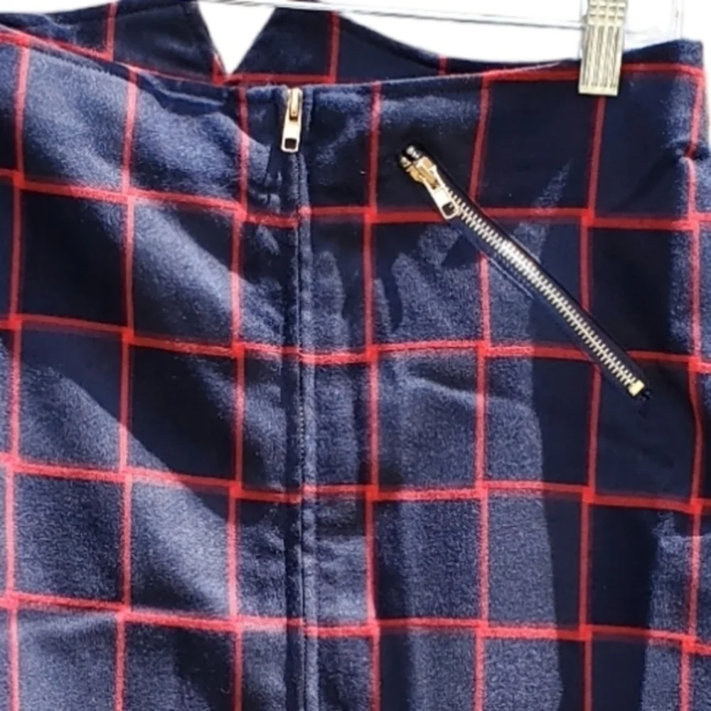 Uniq Plaid Navy Red Golden‎ Zipup Dressy Mini Skirt Large NWT